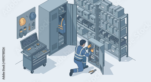 Isometric Electrician Repairing Electrical Panel in Industrial Workshop, Maintenance Technician Fixing Circuit Breaker with Toolbox and Safety Gear, Facility Management and Infrastructure Service