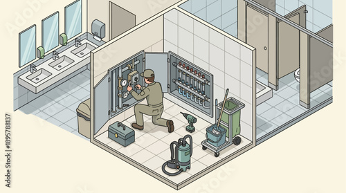 Isometric Maintenance Technician Fixing Plumbing Pipes in a Commercial Public Restroom, Professional Facility Management and Industrial Repair Illustration for Business Presentation and Web