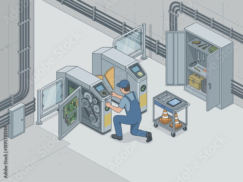 Isometric Technician Repairing Subway Turnstile Gate, Professional Maintenance Service for Public Transit Infrastructure, Mechanical Engineering and Technical Support Vector Illustration