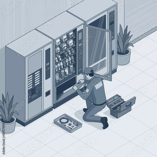 Isometric Technician Repairing Vending Machine in Office Hallway, Professional Maintenance Service and Technical Support Illustration, Blue Line Art for Facility Management and Repair
