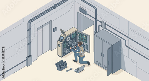 Isometric Illustration of a Technician Performing Industrial Maintenance on Machinery Gears in a Mechanical Room, Professional Technical Support Concept in Muted Grey and Beige Tones