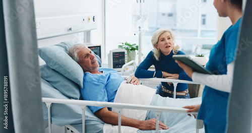 Fotografi Old couple, listen or nurse with tablet by hospital bed, health update or care coordination for release