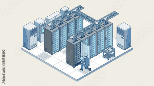 Isometric Data Center Maintenance Illustration, IT Engineer Troubleshooting Server Rack in Network Room, Cloud Computing Infrastructure and Technical Support for Web Hosting and Big Data