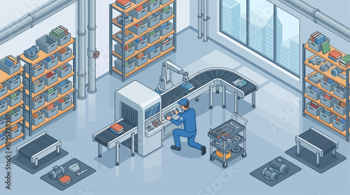 Isometric Industrial Maintenance Technician Repairing Automated Factory Conveyor Belt with Robotic Arm and Tool Cart, Smart Manufacturing Facility and Warehouse Logistics Illustration