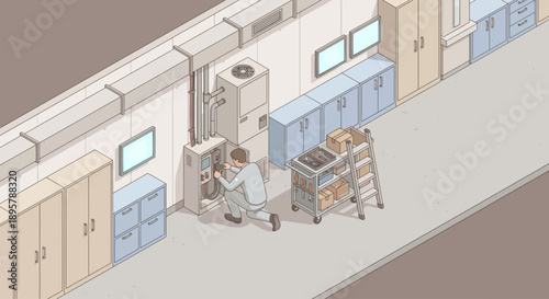 Isometric Technician Repairing Electrical Control Panel in Industrial Workshop, Facility Maintenance and HVAC Service Vector Illustration, Professional Electrician at Work with Tools