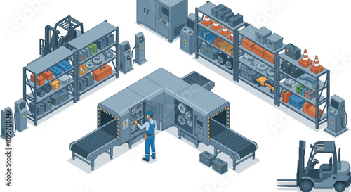 Isometric Industrial Maintenance Technician Operating Conveyor Machine in Factory Warehouse with Shelving and Forklift, 3D Vector Illustration for Manufacturing and Logistics
