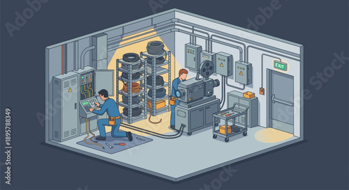 Isometric Industrial Maintenance Illustration with Technicians Repairing Electrical Equipment, Cables, and Control Panels in a Utility Room or Server Facility