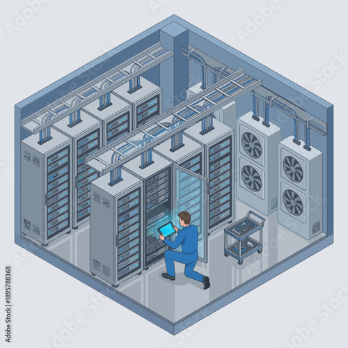 Isometric Data Center Maintenance with IT Technician Using Tablet to Repair Server Racks, Modern Network Infrastructure Illustration for Cloud Computing and System Security