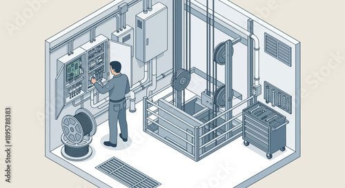Isometric Illustration of a Technician Maintaining an Elevator Control Panel and Electrical Systems in a Utility Room for Industrial Facility Management and Repair Services