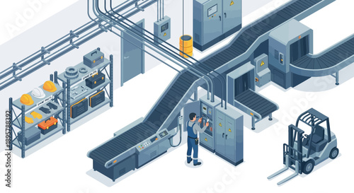 Isometric Industrial Factory Maintenance with Technician Repairing Electrical Panel, Conveyor Belt System, and Forklift in Warehouse
