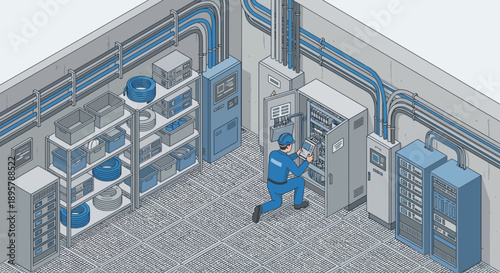 Isometric Technician Inspecting Electrical Control Panel in Data Center, Industrial Maintenance and IT Infrastructure Support Illustration, Professional Technical Service in Blue and Grey