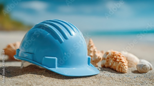 Light Blue Hard Hat Surrounded by Seashells on Sandy Beach Under Bright Sunlight with Blue Ocean Background and Lush Green Foliage on Sunny Day