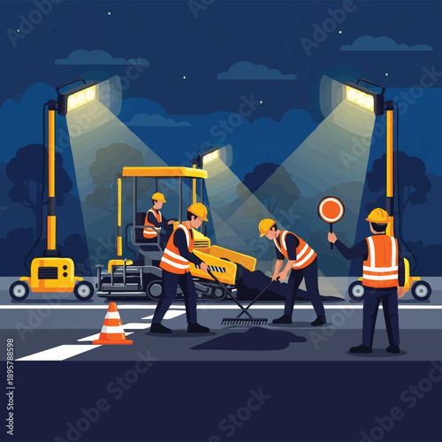 Professional Road Construction Team Working at Night, Paving Asphalt with Heavy Machinery and Safety Lights