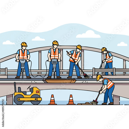 Infrastructure Repair Illustration: Construction Workers Maintaining Bridge Deck using Jackhammers, Steamroller, and Safety Cones.