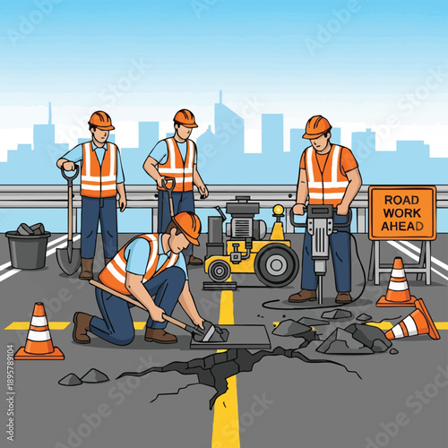 Road Work Crew Repairing Cracked Asphalt Pavement | Construction Workers Using Jackhammer on City Highway | Infrastructure Maintenance Illustration