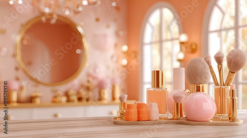 Peach Toned Vanity with Golden Accents and Makeup Brushes in Soft Light Elegant Feminine Ambience Round Mirror and Arched Windows Background