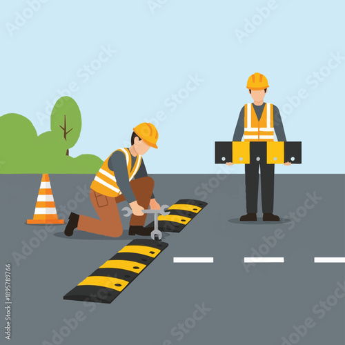Construction Workers Installing Speed Bump on Road. Traffic Safety Infrastructure Maintenance Crew Vector Illustration.