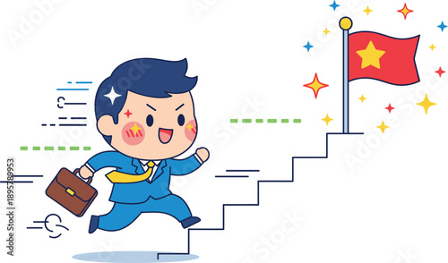 Cute kawaii businessman running up stairs toward star goal flag for career growth and professional success concept vector