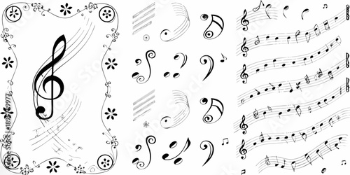 Musical elements including clef notes and decorative flourishes are shown