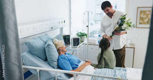 Foto Grandmother, child and father with flowers in hospital, get well soon gift and family visit for healing