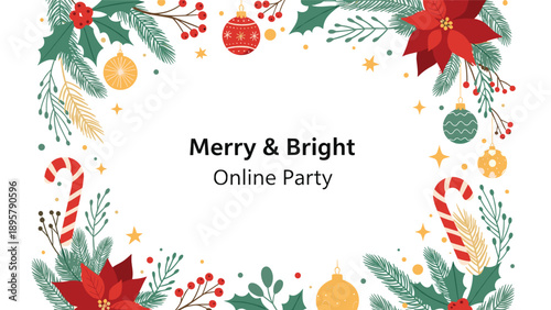 Christmas-themed border with pine branches, red poinsettias, ornaments, and candy canes surrounding a central space for holiday party.