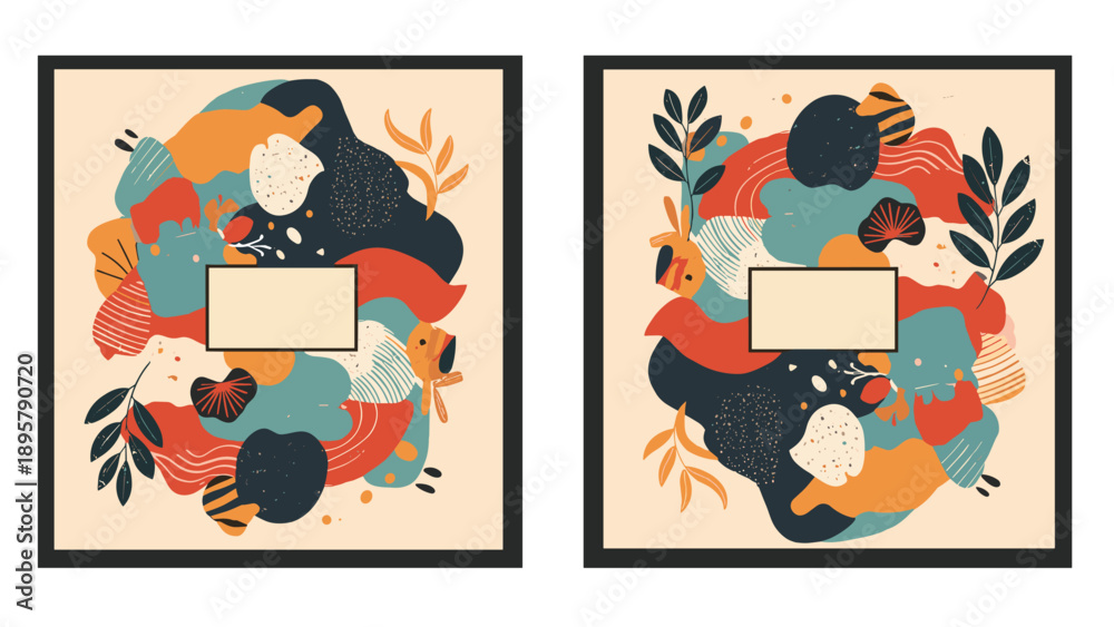 Fototapeta premium Two artistic square frames featuring a vibrant and abstract explosion of organic shapes, textures, and leaves in a contemporary style.