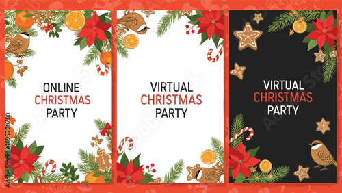 Set of three vertical social media templates for a virtual Christmas party with festive illustrations of birds, berries, and cookies.