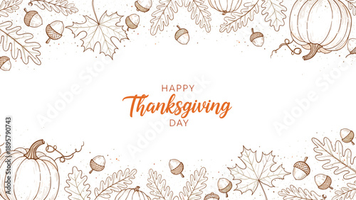 Happy thanksgiving day greeting banner featuring hand drawn pumpkins, acorns, and autumn leaves on white background.