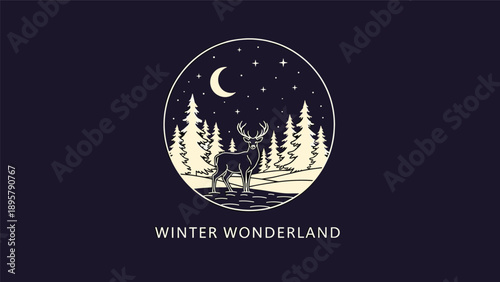 Winter wonderland emblem featuring a majestic stag standing in a snow covered pine forest under a crescent moon and stars.