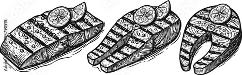 hand drawn salmon steak and fillet sketches with lemon slices seafood illustration, fresh fish, culinary ingredient