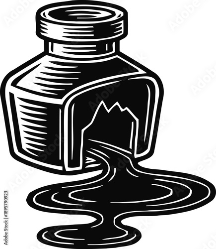 Vintage ink bottle spilling liquid with bold black lines artistic illustration