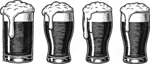 Vintage hand drawn illustration of four pints of dark beer with frothy foam overflowing