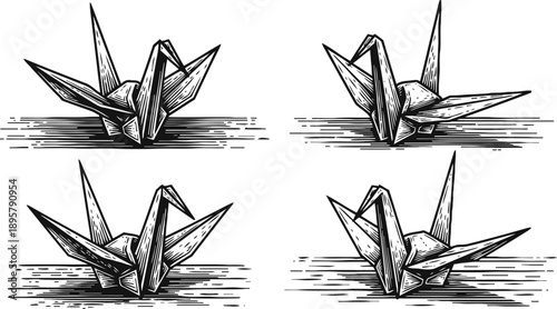 black and white origami cranes paper birds in vintage sketch japanese art, traditional fold, elegant flying figures