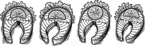 Four detailed engraved salmon fish steaks with lemon slices arranged in a row