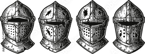 Medieval knight helmets set vintage steel armor helmets with visors, scratches and dents historical warrior protection gear collection