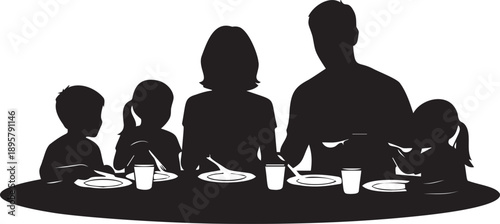 Family dinner silhouette sitting around table sharing meal together parents and children eating lunch at home happiness concept