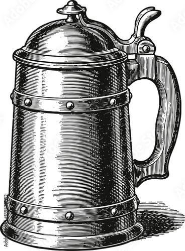 Vintage beer stein with hinged lid and detailed handle engraving illustration