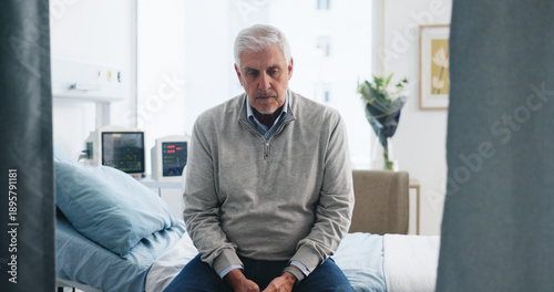 Photography Medical, upset or old man on hospital bed with thinking, appointment stress or waiting for surgery result