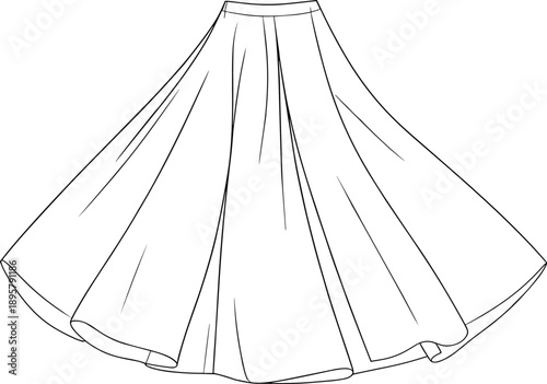 Women's long skirt technical flat, fashion vector sketch, apparel design template. Maxi length, full circle silhouette, flared gored skirt. Front view, garment mock-up.