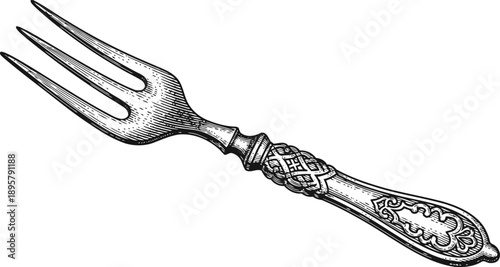 vintage ornate silver fork with detailed engraved handle design isolated on white