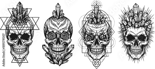 Intricate black and white skull illustrations with crystals and geometric shapes, mystical gothic design set