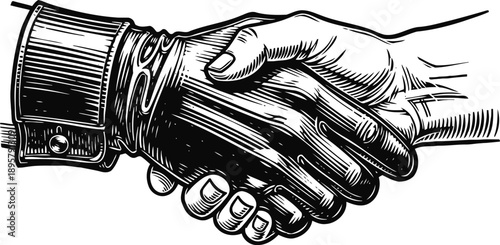 Vintage handshake illustration two hands united in agreement, business and partnership symbol