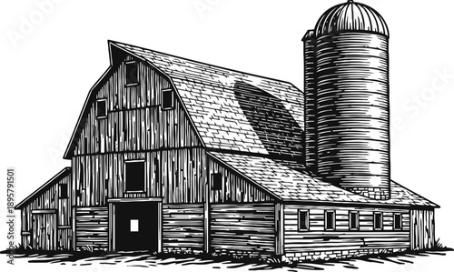 Rustic wooden barn with silo, farm building illustration, agriculture countryside structure sketch