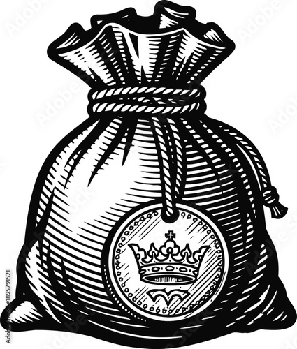 Vintage money bag tied with rope and a coin emblem featuring a crown symbol illustration