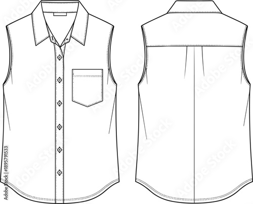Women's Sleeveless Button-Down Shirt Technical Fashion Flat Sketch, Featuring Pointed Collar, Patch Pocket, and Shirttail Hem, Front and Back View CAD.