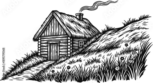 rustic log cabin with smoking chimney surrounded by grassy hills and wildflowers in vintage engraving