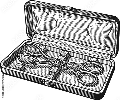 Antique surgical scissors in open wooden case vintage medical instrument with detailed engraving