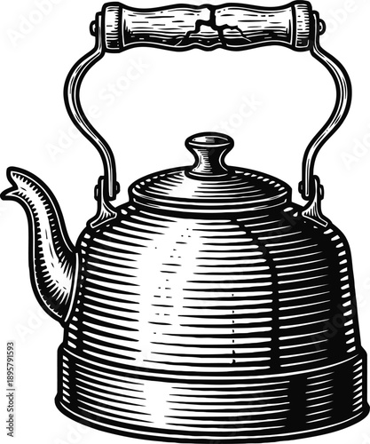 Vintage kettle with wooden handle and spout, classic metal teapot illustration in black and white