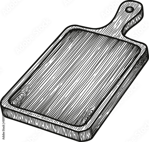 Wooden cutting board with handle hand drawn vintage kitchen utensil for food preparation and serving