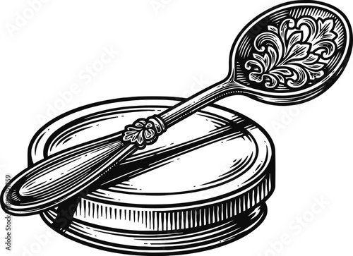 Ornate wooden spoon resting on a round lidded wooden container with decorative floral carving